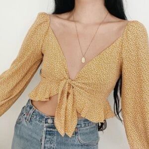 Blue Blush Mustard Yellow Tie-Front Cropped Top